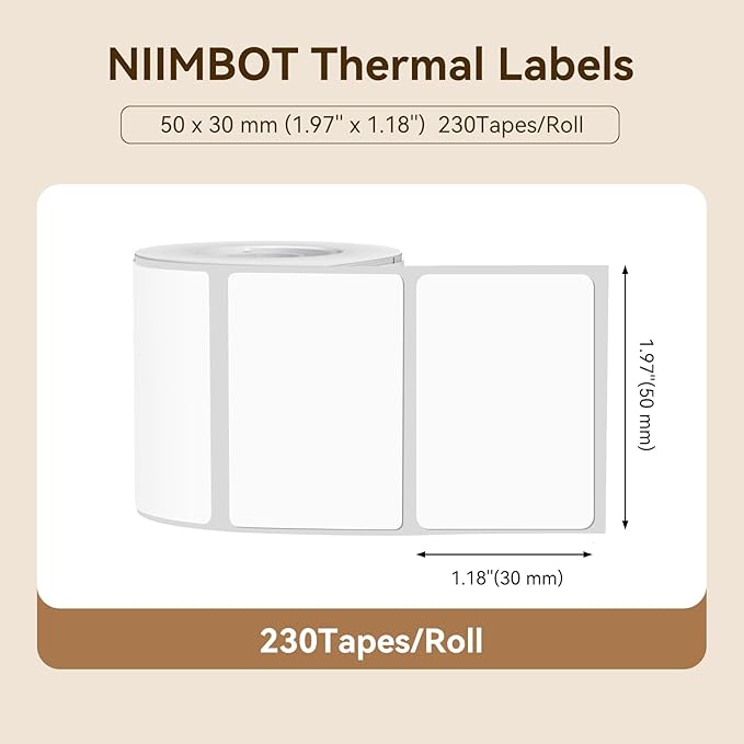 NIIMBOT Labels for B1/B21/B31 Label Maker, 50 x 30 mm (1.97'' x 1.18'') 230 Tapes/Roll, Thermal Label Tape, Waterproof, Oil-Proof for Home Office Small Business Labeling Tape Replacement(White)