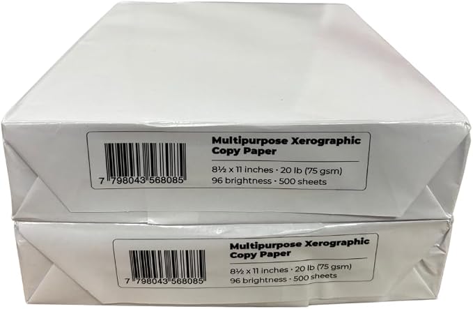 Multipurpose Copy Paper, 8.5 x 11 Inches, 20 lb, 96 Brightness, 500 Sheets per Ream, 2 Pack