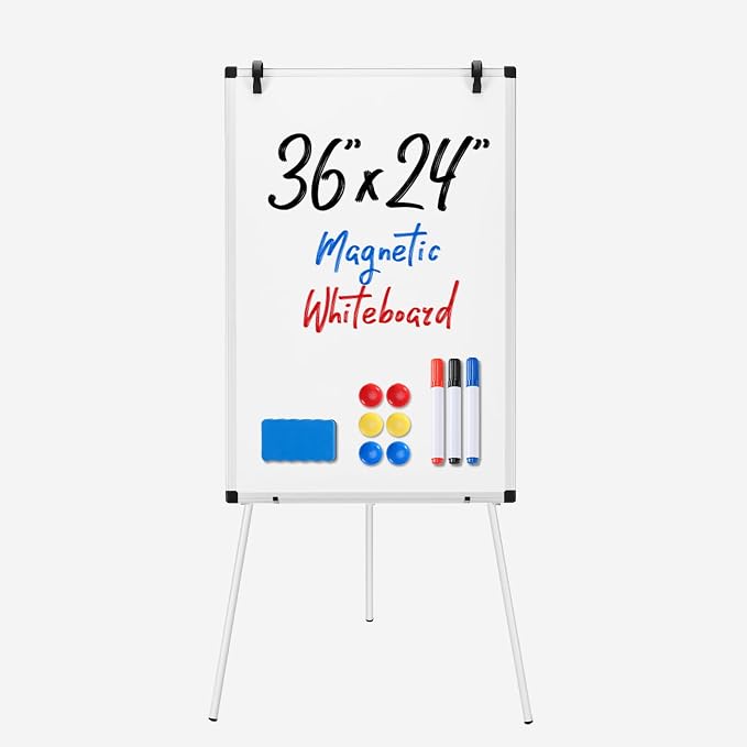 OLIXIS 36" x 24" Magnetic White Board with Stand, Standing Dry Erase Board, Whiteboard with 1 Dry Eraser & 2 Multicolor Markers & 4 Magnetic Pins, Aluminium Frame for Home, School, Office, White