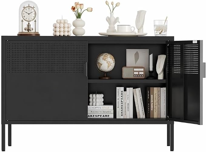 Metal Storage Cabinet,2 Door TV Stand, Metal Mesh Accent Cabinet | Magnetic Door Closure,Low Storage Cabinets with Doors and Shelf for Home,Office,Living Room