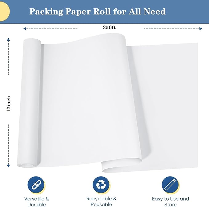 12”W x 350'L Packing Paper Roll for Moving Protecting Fragile China and Glasses, Small Wrapping Newsprint Paper Roll for Shipping and Moving Box Filler