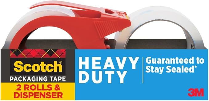 Scotch Heavy Duty Shipping Packing Tape, Clear, Shipping and Packaging Supplies, 1.88 in. x 54.6 yd., 2 Tape Rolls with 1 Dispenser