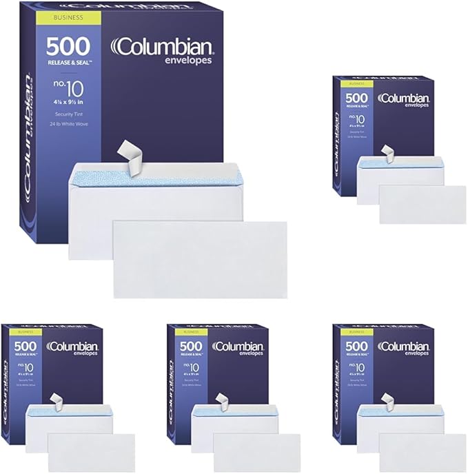 Columbian #10 Security Envelopes,Self Seal Envelopes for Home,School,and Business Mailings,No Window,4-1/8 x 9-1/2 Inches,Durable 24 lb White Paper,500 Count (Pack of 5)
