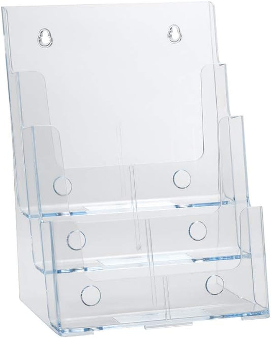 Azar Displays 252378, Brochure Holder, Acrylic Desk Organizer, Three Tier Document, Magazine & Sign Holder, Wall Mount Desk Accessories, Literature Display Stand, Divider for 4" Pamphlets, 8.5"x11"