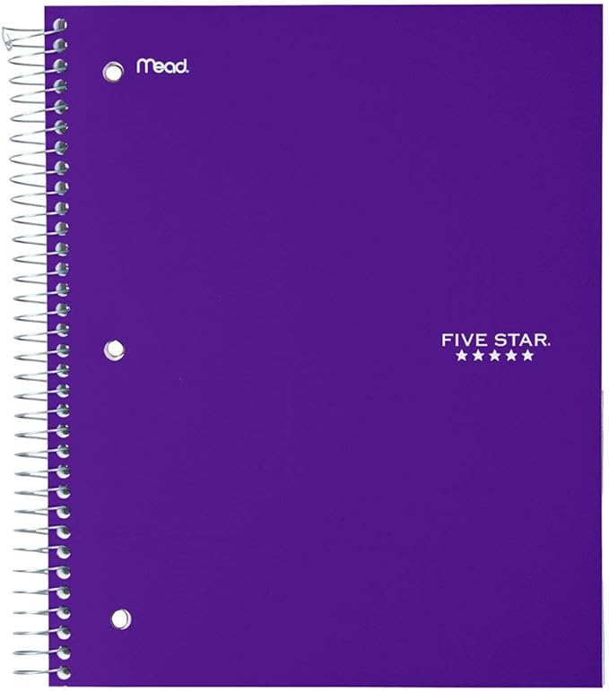Five Star Spiral Notebook + Study App, 5 Subject, Wide Ruled 8" x 10.5" Paper, 200 Sheets, Fights Ink Bleed, Water Resistant Cover, Amethyst Purple (38739)