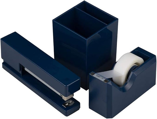 JAM PAPER Desk Trio Pack - Navy Blue - Stapler, Tape Dispenser & Pen Holder - 3/Pack