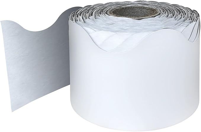 Carson Dellosa Education 65Ft of White Bulletin Board Borders, 1 Roll of Scalloped Trim for Rolling Whiteboard, Cork and Posterboard, Party, Office Decorations, and Classroom Decor