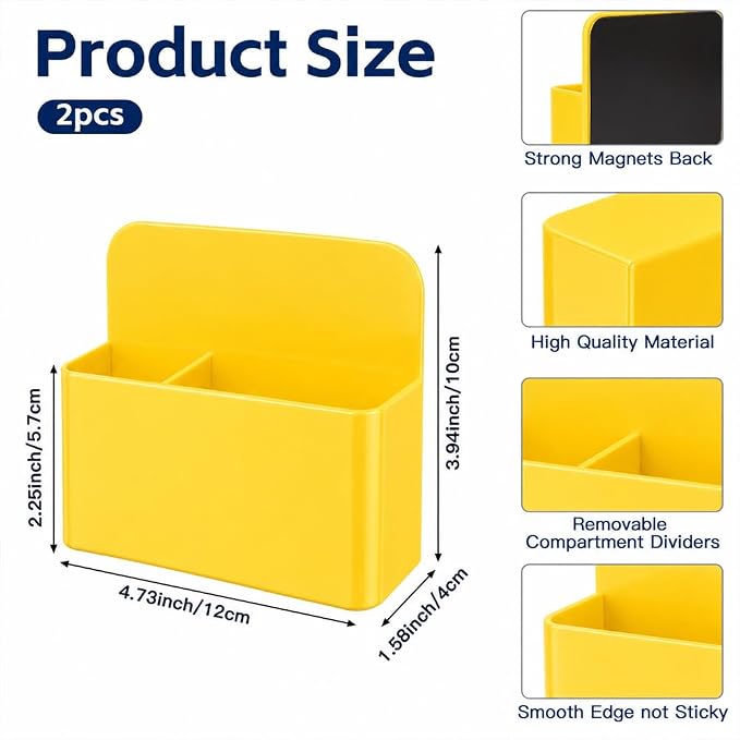 Magnetic Pencil Pen Holder, 2PCS Dry Erase Marker Holder for Whiteboard, Yellow Magnet Storage Pencil Cup Case Box Fridge Organizers Locker Accessories for Office School Classroom Teacher Must Haves