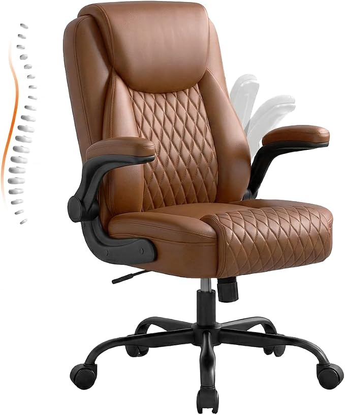 GTPLAYER PU Leather Office Chair, Home Desk Chair with Flip-up Arms, Brown | Ergonomic Back, Comfy Executive Chair for Home Office Gaming, Flexible Rocking, Heavy Duty Chairs