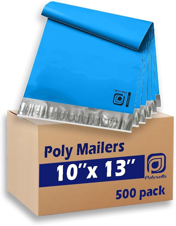 POLYSELLS 500 pcs 10x13 Inches Blue Poly Mailers Shipping Envelopes, Strong Adhesive Sealing, Waterproof, and Tear-resistant Postal Mailing Bags for Clothing and Accessories