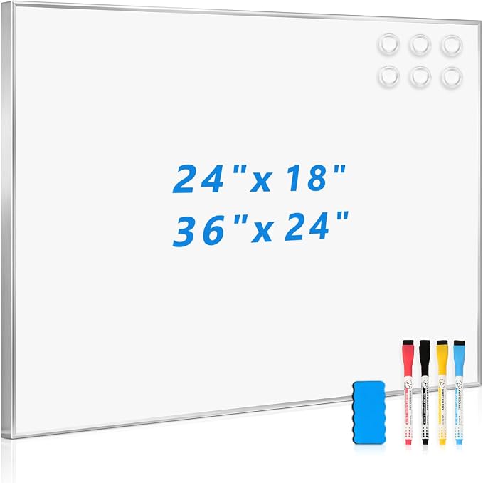 Magnetic Whiteboard, 24" x 18" Dry Erase White Board for Wall | Silver Aluminum Frame, Easy to Write and Erase, Wall Mounted, Presentation Board, for Home, Office, School, Kitchen
