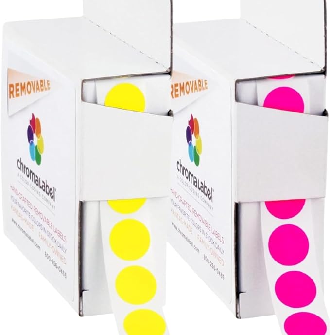 Removable Fluorescent Pink and Yellow Dots, 1/2 Inch | Circle Stickers With Writable Matte Paper for Offices, Classrooms, Retail, Warehouses, and Food Service. Made in USA