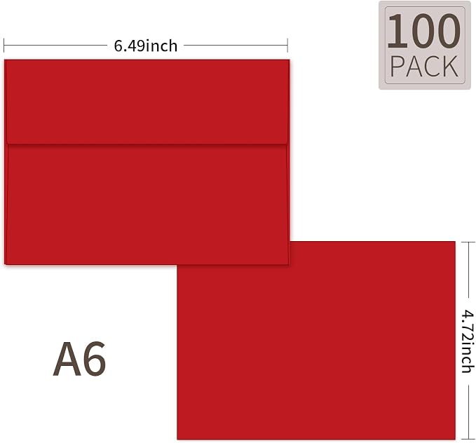 100 Packs Red 4x6 Envelopes for Invitation A6 Small Envelope | A6 envelopes self seal,for 4x6 cards weddings invitations greeting cards photos,printable,120g durable thick paper