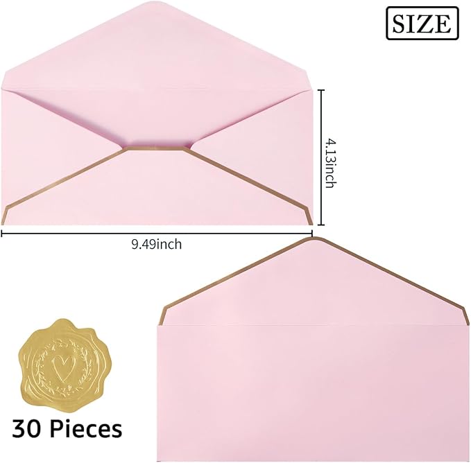 30 Pack #10 Business Envelopes with Stickers, Thick Paper, Light Pink | 4 1/8 x 9 1/2 Inches, Self Seal Standard Envelopes with Gold Border For Letter Mailing, Greeting Cards