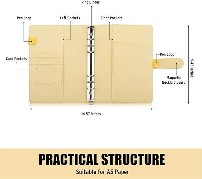 Sooez A5 Notebook Photocard Binder, 6 Ring Planner, Stylish Loose Leaf Personal Organizer Cover with Magnetic Buckle, PU Leather Binder Women with Soft Colors (Yellow)