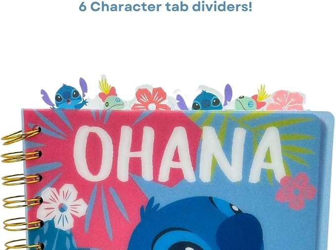 Disney Stitch Tab Journal Notebook "Ohana" Spiral Bound, 144 Lined Pages, 8 x 7 inches, Blue