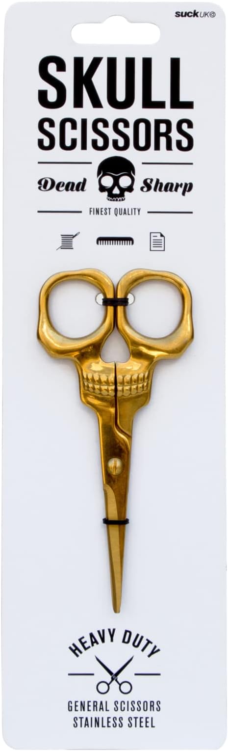 Suck UK Skull Scissors - Goth Office Supplies - Novelty Gift Halloween Desk Accessories - Unique Gold Scissors - Home Decor or Spooky Office Decor - Skull Kitchen Accessories | Gothic Stationery