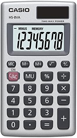 Casio HS-8VA Mini 6-Function Calculator | Large 8-Digit LCD Display | Solar Powered with Battery Backup - Standard Function - Portable Pocket Size (Pack of 2)