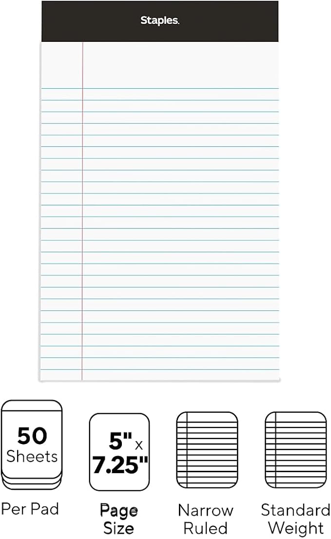 Staples Notepads, 5x8 Inch, Narrow Ruled, White, 12-Pack | 50 sheets per pad. Compact size for notes, lists, and everyday writing.