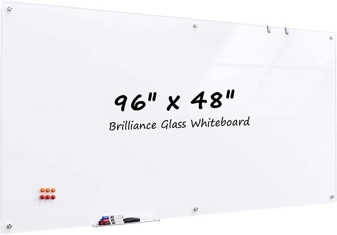 MaxGear Glass Whiteboard Tempered Glass Magnetic Dry Erase Board 96" x 48" | Tempered Glass, Sleek Modern Design, Smooth Writing, Easy Erase, Magnetic Surface, Frameless Design, Wall Mounted, Office Use