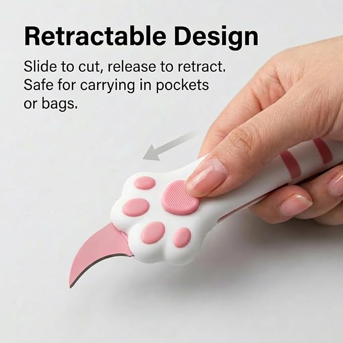 Cat Paw Box Cutter Cute Retractable Cat Box Cutter with Safety Lock Pink | Mini Utility Knife with Ergonomic Paw Handle, Stainless Steel Blade for Opening Packages, Cardboard, Cartons & Tape