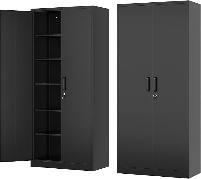 Fesbos Metal Storage Cabinet-71” Tall Steel File Cabinets with Lockable Doors and Adjustable Shelves-Black Steel Storage Cabinet for Home, School, Office, Garage