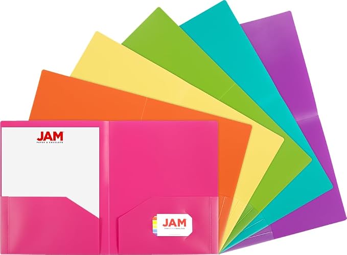JAM PAPER Heavy Duty Plastic 2 Pocket Extra Tough School Folders - Assorted Fashion Colors - 12 Folders/Pack (2 Assorted Packs of 6)