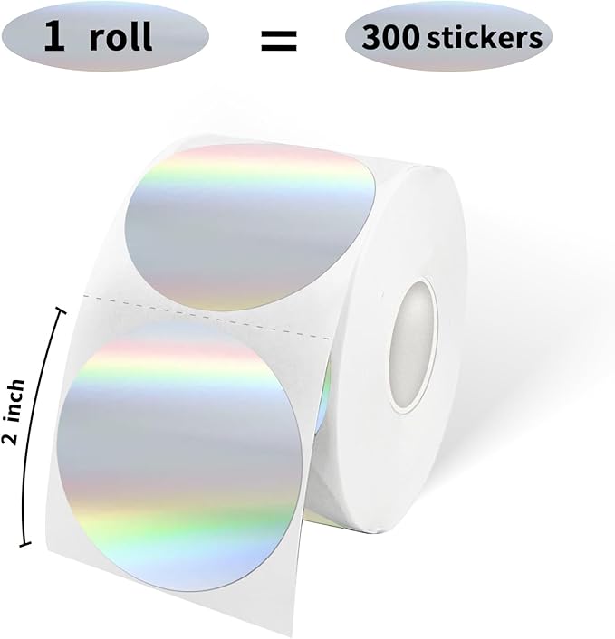 2" Circle Holographic Thermal Label Stickers Silver, Self-Adhesive Circle Direct Thermal Labels, Multi-Purpose Roll Sticker Labels for DIY Logo Design, QR Code, Name Tag（ 300 Labels,1 Roll）