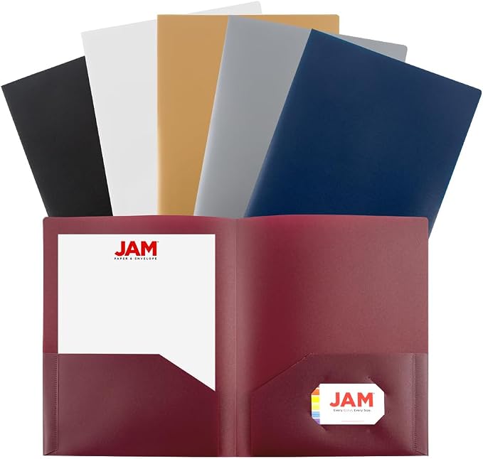 JAM PAPER Plastic 2 Pocket POP Folders - Durable School Folders - Assorted Professional Colors - 6/Pack