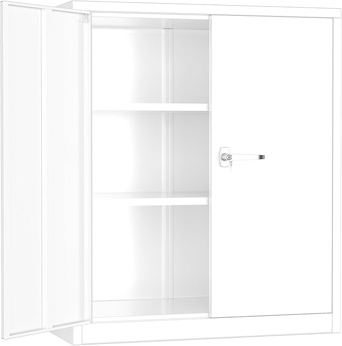 Metal Garage Storage Cabinet, 36" Locking Counter Cabinet with 2 Locking Doors and 2 Adjustable Shelves, Small Steel Cabinet for for Home Office, Gym, School(White)