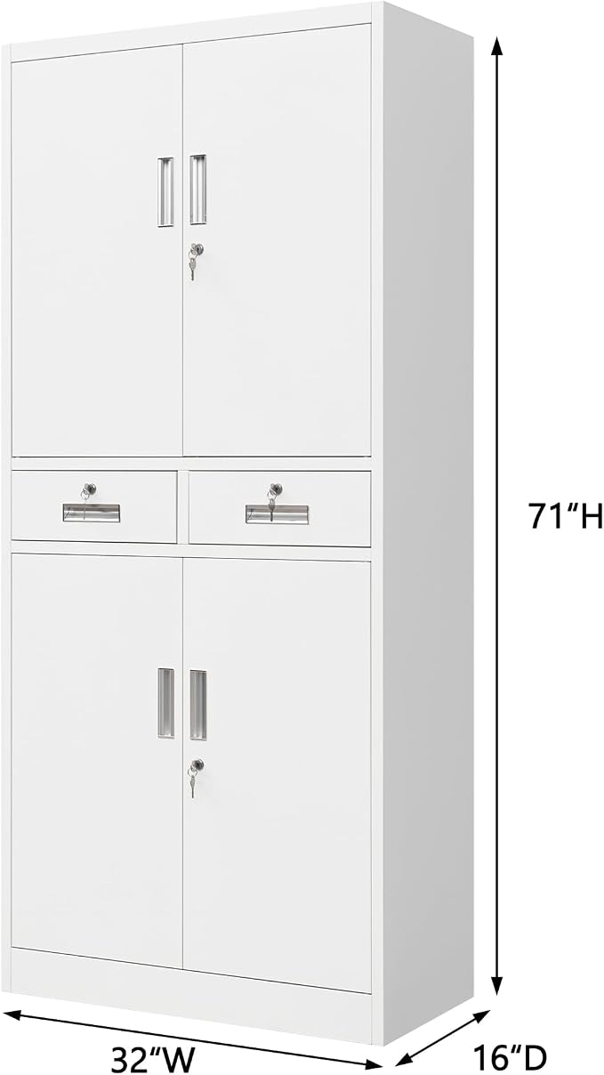 Wanfu Metal Storage Cabinet, Locking Storage Cabinet with Adjustable Shelves and 2 Drawers, 16" D x 32" W x 71" H Steel Cabinets for Office, Garage, Home, Classroom, Utility Room(White)