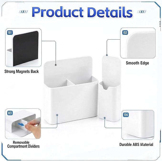 Magnetic Pen Holder, 2 Pack Magnetic Dry Erase Marker Holder with Compartments, Magnetic Marker Holder Pen Pencil Organizer for Whiteboard, Refrigerator, Classroom, Office, Locker Accessories, White