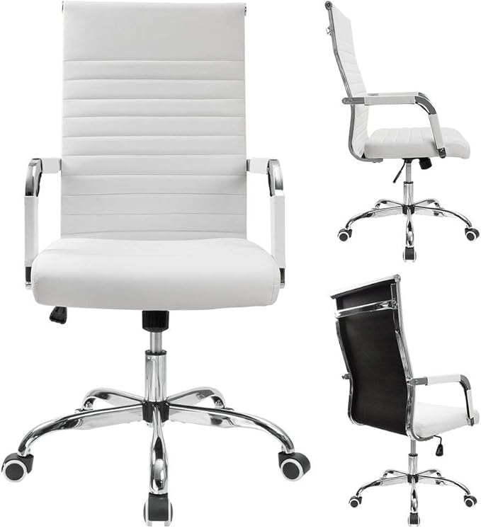 Furmax Ergonomic Office Desk Chair, Executive Ribbed Mid-Back PU Leather Conference Room Chair Adjustable Swivel Chair with Arms (1, White)
