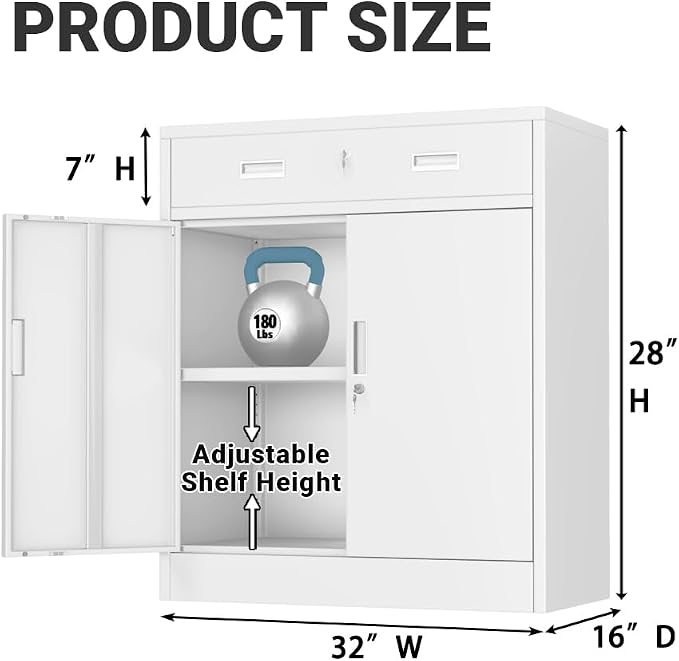 CJF Metal Storage Cabinet, Locking Storage Cabinet with Doors and 2 Drawers, Metal Cabinets for Office/Home/Garage 36" H x 32" W x 16" D (White)