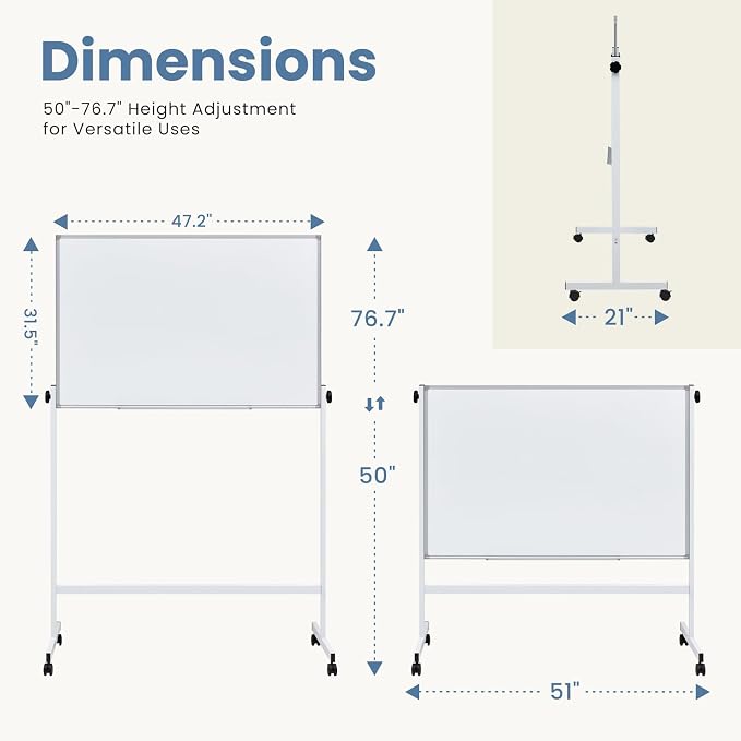 DUMOS Rolling Whiteboard Double Sided 46 x 32 Inches, Magnetic White Board Dry Erase on Wheels, Dry Erase Board with Stand for School, Office and Home, Silver Aluminium Frame, White