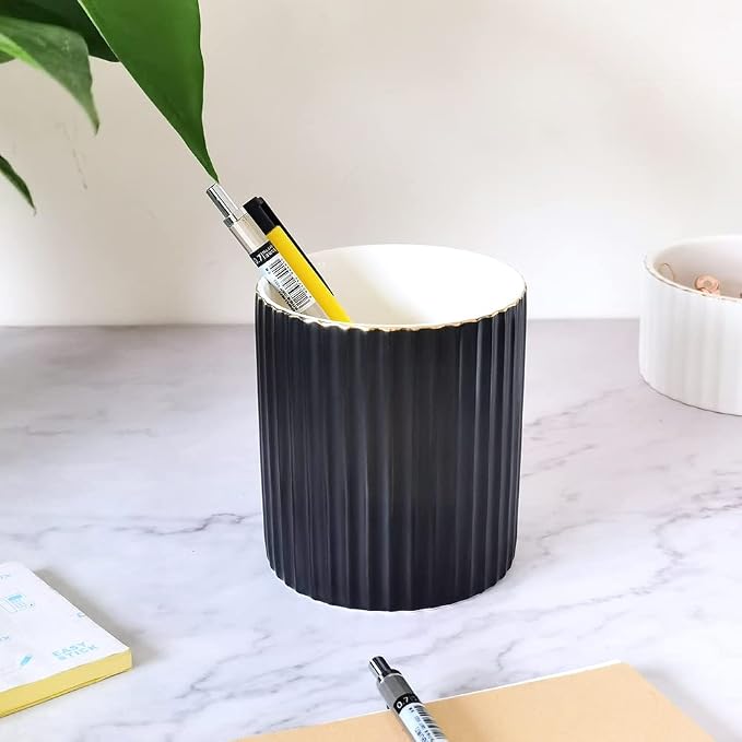 CROWNOS Pen Holder for Desk, Ceramic Pencil Cup Office Desk Organizer, Makeup Brush Holder, Black