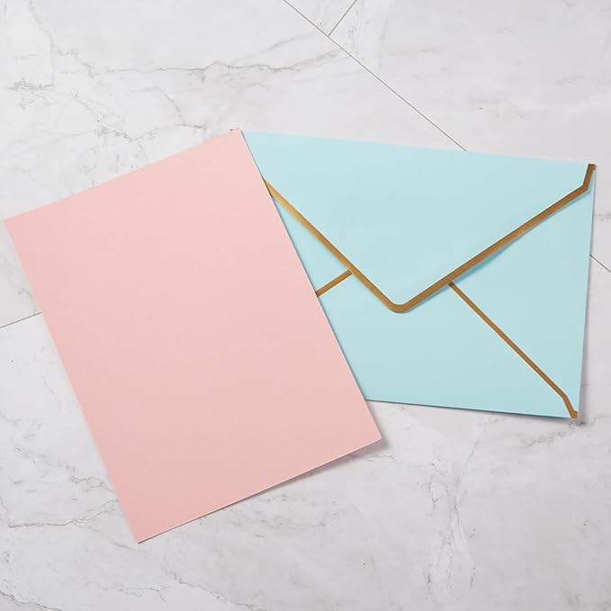 100 Pack A7 Envelopes 5 x 7 Card Envelopes V Flap with Gold Border for Office, Wedding Gift Cards, Invitations, Graduation, Baby Shower, Parties (Light Blue, 5.32 x 7.28 Inches)