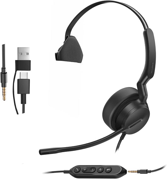 Yealink UH42 SE Wired Headset, USB-A/C & 3.5mm,in-Line Controls, On-Ear | Single-Ear Headphones, Teams/Zoom Certified, Noise Cancelling Mic, PC/Laptop/Phone, 7ft Cable, Call Center, WHF, Dynamic EQ