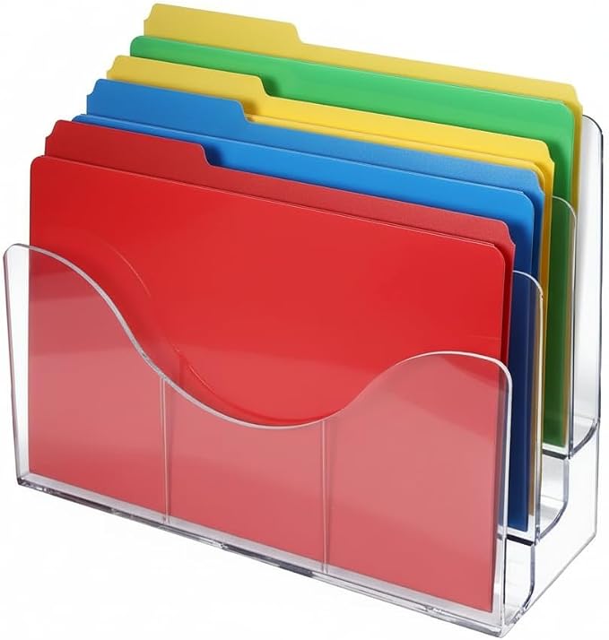 Azar Displays 250099 Three Tier File and Brochure Desktop Wall Organizer Holder with Dividers, Brochure Display Stand, Acrylic File Holder, Clear, 8.5" x 11"