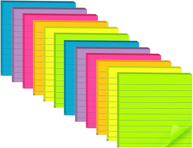 (12 Pads) Lined Sticky Notes 4x4 in, 6 Bright Colors Self-Stick Note Pads | Strong Adhesive, 47 Sheets/Pad