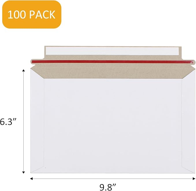 zmybcpack 100 Pack 6.3"x9.8" Rigid Mailer Self Seal Photo Document Mailer | White Stay Flat Cardboard Envelopes, For CD, Photos, Document, Postcard