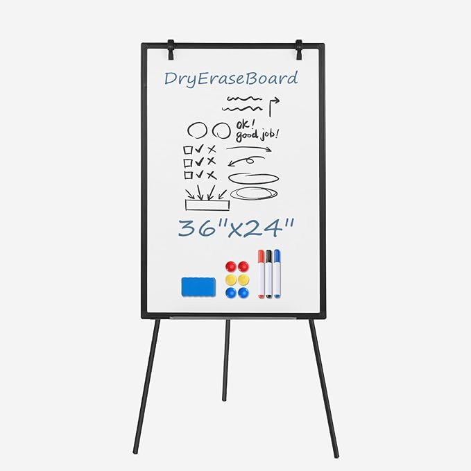 DUMOS Whiteboard Easel 36 x 24 Inches, Magnetic White Board Dry Erase, Porbable Boards Height Adjustable, Dry Erase Board with Stand for School, Office and Home, Silver Aluminium Frame, Black