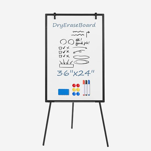 DUMOS Whiteboard Easel 36 x 24 Inches, Magnetic White Board Dry Erase, Porbable Boards Height Adjustable, Dry Erase Board with Stand for School, Office and Home, Silver Aluminium Frame, Black