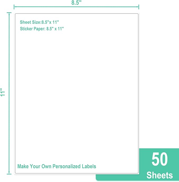 L LIKED 50 Full Sheet Self Adhesive Sticker Paper 8.5 x 11 Inches, Address Labels for Laser & Inkjet Printing (50 Sheets)