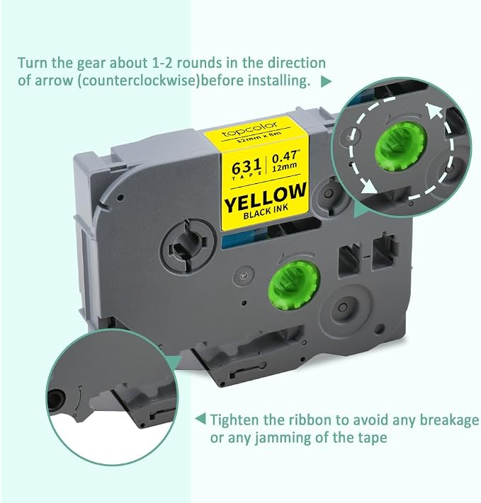 6-Pack Compatible for Brother Tze-631 12mm 1/2" Black on Yellow Label Tape | Tze631 TZ-631 P Touch Tape Tz Tze 12mm 0.47" Laminated Yellow Label for PTD210 PTD220 PTD200 PTD400 PT1290 PT2040 Label Maker