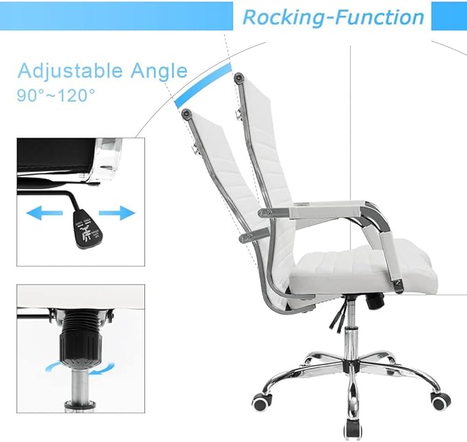 Furmax Ergonomic Office Desk Chair, Executive Ribbed Mid-Back PU Leather Conference Room Chair Adjustable Swivel Chair with Arms (1, White)