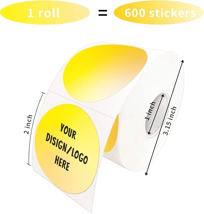 2 Inch Yellow Round Thermal Stickers, Self-Adhesive Circle Direct Thermal Labels for DIY Logo Design, QR Code, Name Tag (600 Labels, 1 Roll)