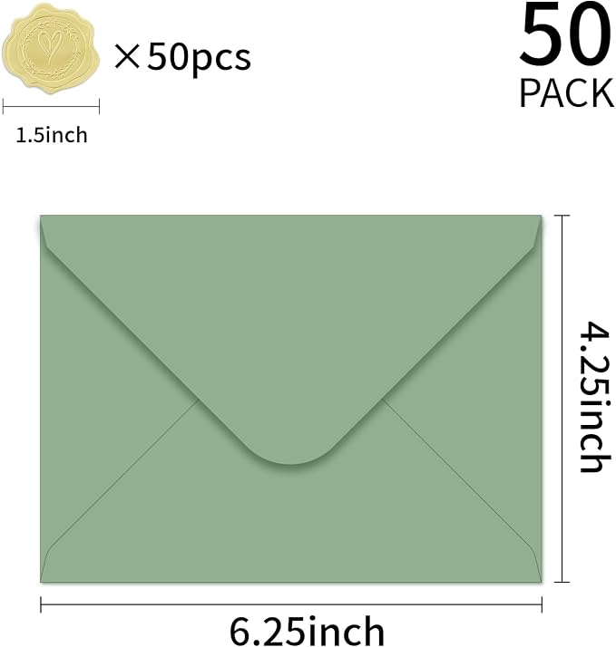 50 Pack 4x6 Envelopes Green A4 Envelopes for Invitations envelope with sticker, Printable, Self Seal for Weddings, Invitations, Photos, Postcards, Greeting Cards, Mailing（sage-green）