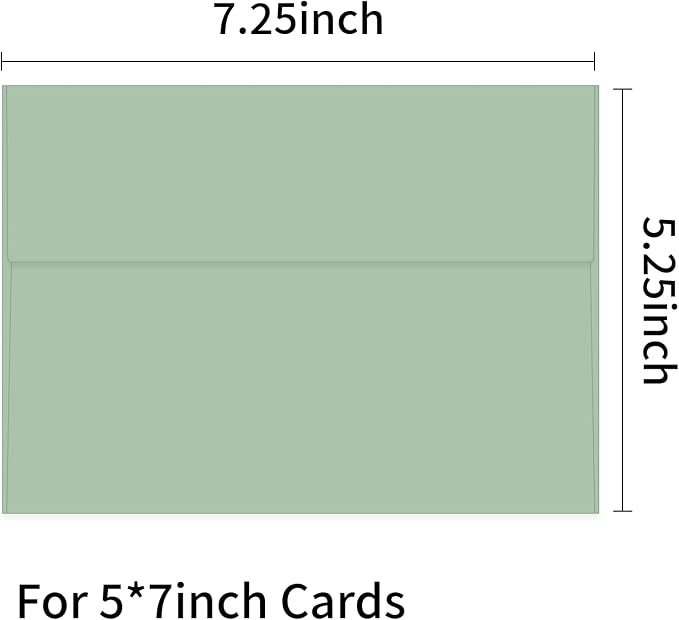 100 Packs 5x7 Sage Green Envelopes, A7 Envelopes for Invitation | 120gsm envelopes, 5.25x7.25 inch fits 5x7 cards, peel & press, for weddings/cards/baby shower/photos/graduation/postcards