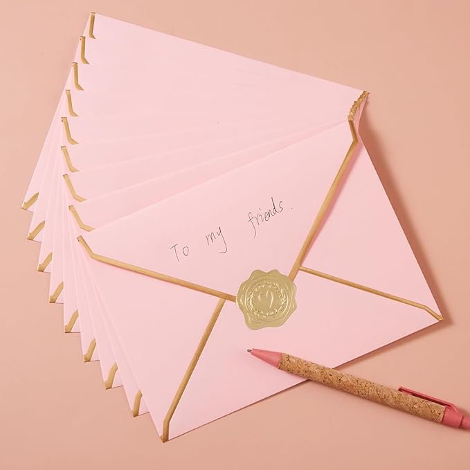 50 Pieces A7 Envelopes with Gold Border, 5.24 x 7.21 Inches Envelopes with Gold Stickers for Greeting Cards and Invitation (Pink, A7-5x7)
